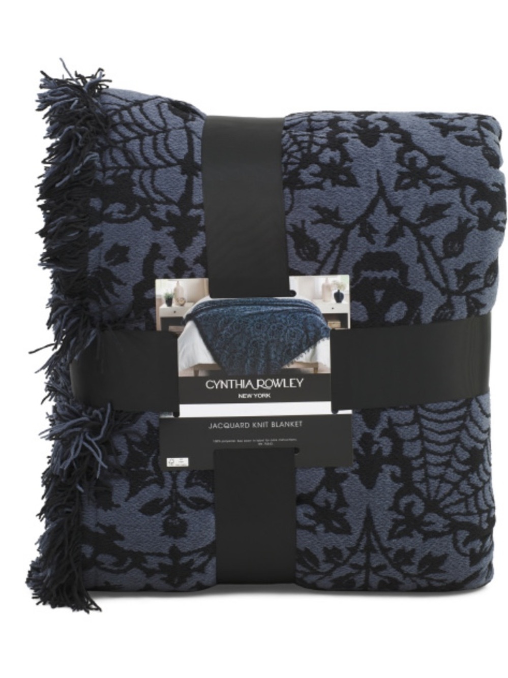 Cynthia Rowley Blue and Black Jacquard Fringe Knit Blanket
